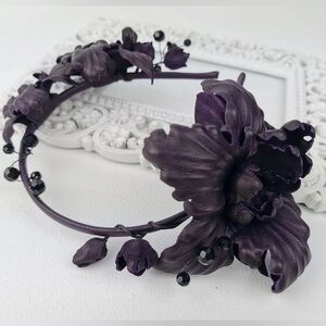 Purple leather flower floral headband fascinator hair piece beaded handcrafted